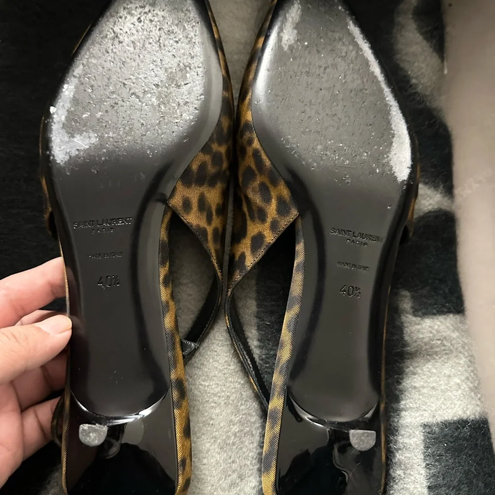 Saint Laurent Leopard Print Slingback Kitten Heels in Brown and Black - Picture 3 of 7